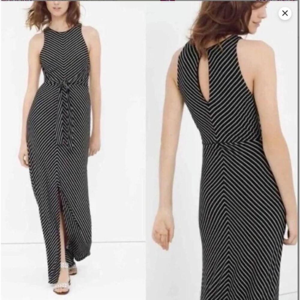 White House Black Market Black White Jersey Striped Chevron Maxi Dress Sz Small - Picture 2 of 8